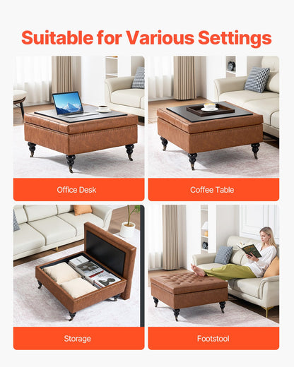 80 cm Square Leather Ottoman with Storage, Upholstered Tufted Button Coffee Table Ottoman with Castered Rolling Wheels, PU Leather High-Density Sponge for Living Room, Dorm, Bedroom, Brown