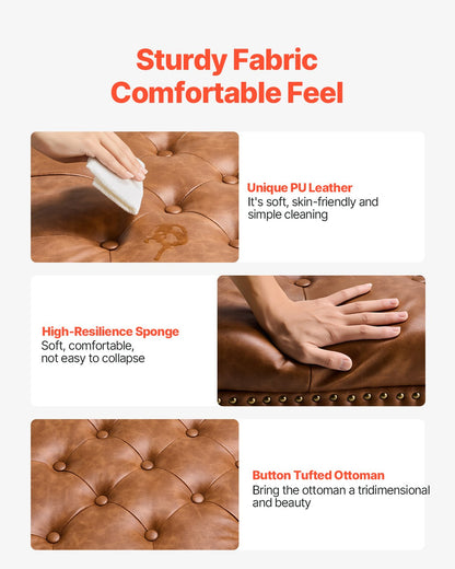 80 cm Square Leather Ottoman with Storage, Upholstered Tufted Button Coffee Table Ottoman with Castered Rolling Wheels, PU Leather High-Density Sponge for Living Room, Dorm, Bedroom, Brown