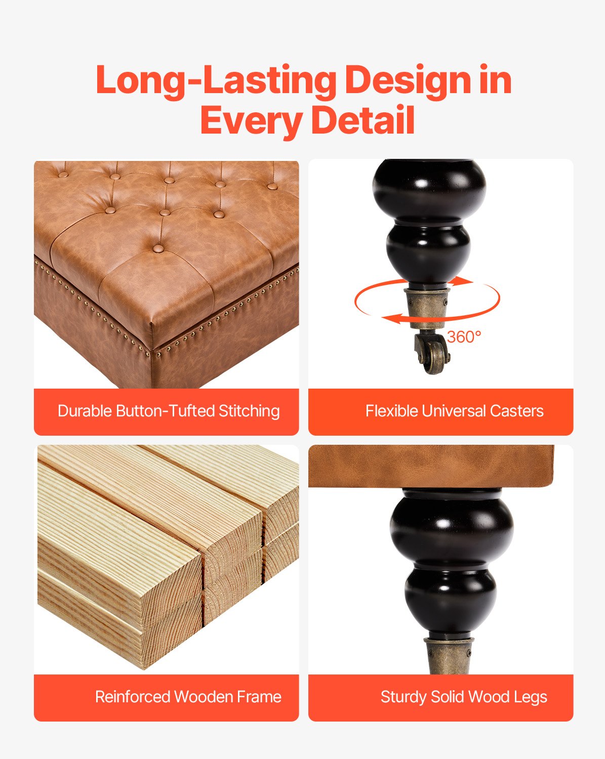 80 cm Square Leather Ottoman with Storage, Upholstered Tufted Button Coffee Table Ottoman with Castered Rolling Wheels, PU Leather High-Density Sponge for Living Room, Dorm, Bedroom, Brown