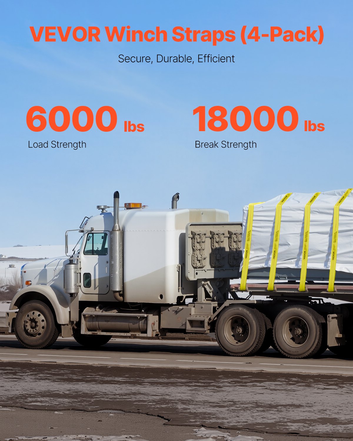 Winch Straps, 4" x 30', 6000 lbs Load Capacity, 18000 lbs Break Strength, Truck Straps with Flat Hook, Flatbed Tie Downs Cargo Control for Trailers, Farms, Rescues, Tree Saver, Yellow (4 Pack)