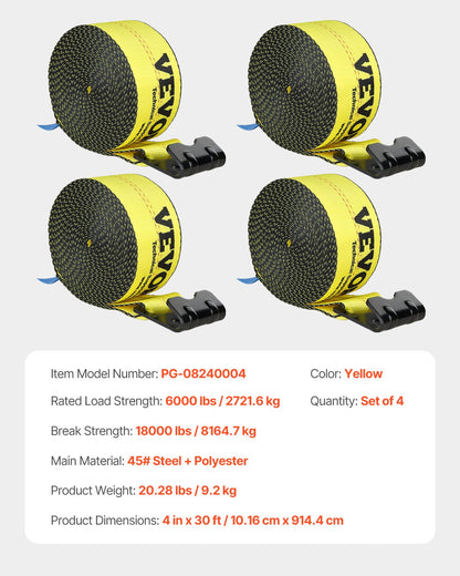 Winch Straps, 4" x 30', 6000 lbs Load Capacity, 18000 lbs Break Strength, Truck Straps with Flat Hook, Flatbed Tie Downs Cargo Control for Trailers, Farms, Rescues, Tree Saver, Yellow (4 Pack)