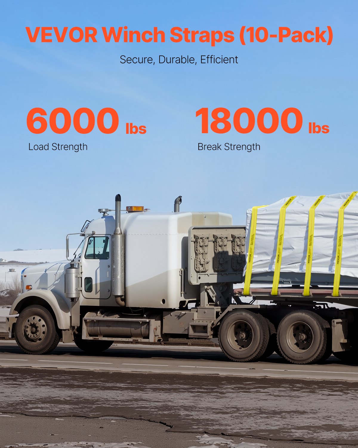 Winch Straps, 4" x 30', 6000 lbs Load Capacity, 18000 lbs Break Strength, Truck Straps with Flat Hook, Flatbed Tie Downs Cargo Control for Trailers, Farms, Rescues, Tree Saver, Yellow (10 Pack)