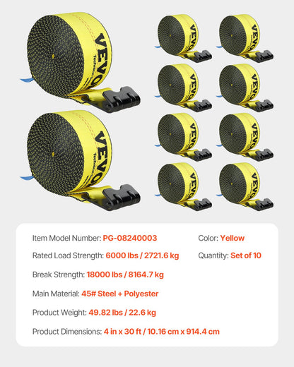 Winch Straps, 4" x 30', 6000 lbs Load Capacity, 18000 lbs Break Strength, Truck Straps with Flat Hook, Flatbed Tie Downs Cargo Control for Trailers, Farms, Rescues, Tree Saver, Yellow (10 Pack)