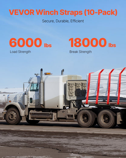 Winch Straps, 4" x 30', 6000 lbs Load Capacity, 18000 lbs Breaking Strength, Truck Straps with Flat Hook, Flatbed Tie Downs Cargo Control for Trailers, Farms, Rescues, Tree Saver, Red (10 Pack)