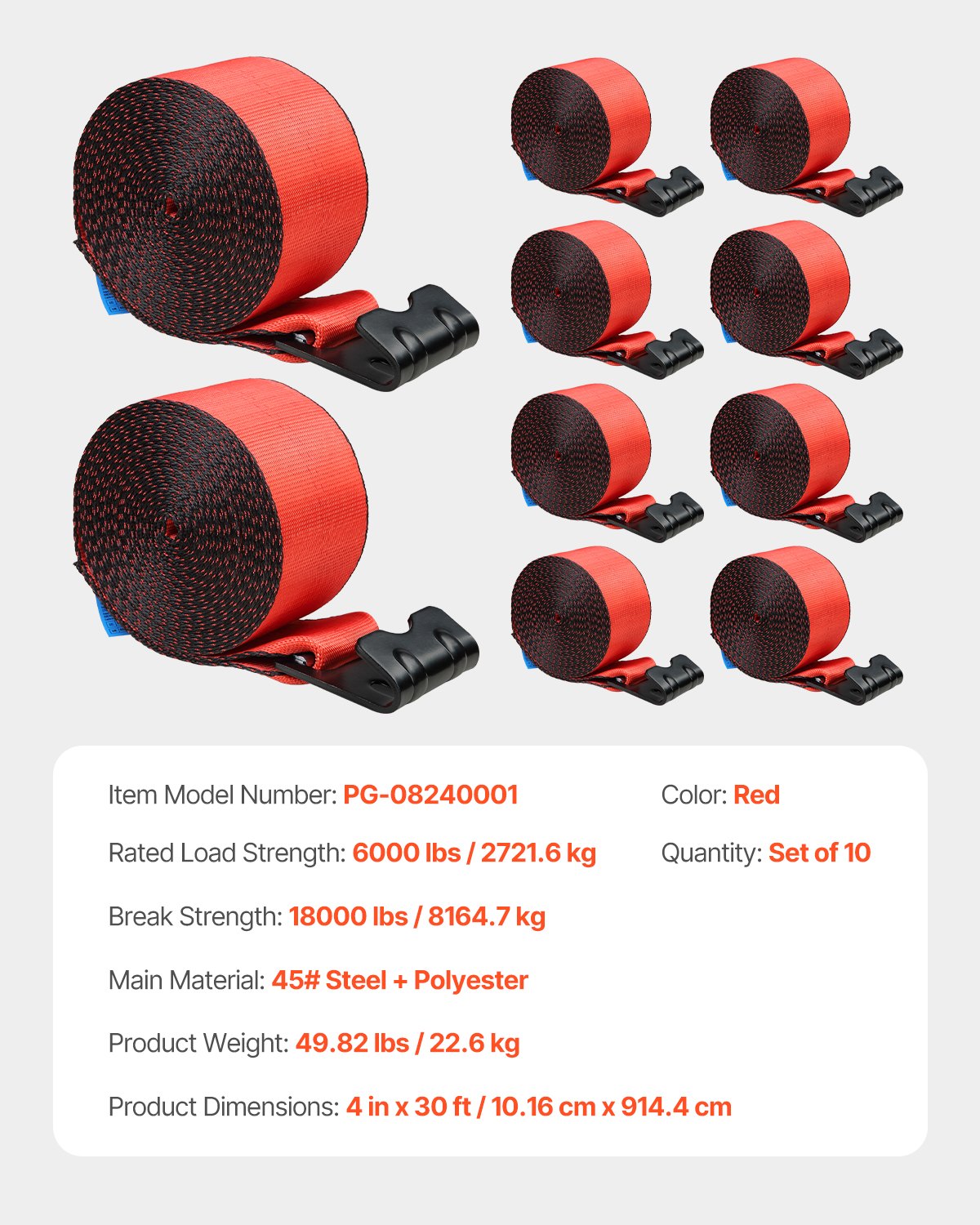 Winch Straps, 4" x 30', 6000 lbs Load Capacity, 18000 lbs Breaking Strength, Truck Straps with Flat Hook, Flatbed Tie Downs Cargo Control for Trailers, Farms, Rescues, Tree Saver, Red (10 Pack)