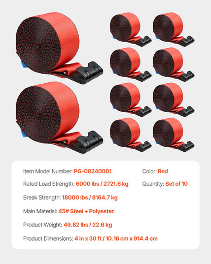 Winch Straps, 4" x 30', 6000 lbs Load Capacity, 18000 lbs Breaking Strength, Truck Straps with Flat Hook, Flatbed Tie Downs Cargo Control for Trailers, Farms, Rescues, Tree Saver, Red (10 Pack)