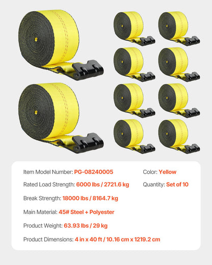 Winch Straps, 4" x 40', 6000 lbs Load Capacity, 18000 lbs Break Strength, Truck Straps with Flat Hook, Flatbed Tie Downs Cargo Control for Trailers, Farms, Rescues, Tree Saver, Yellow (10 Pack)