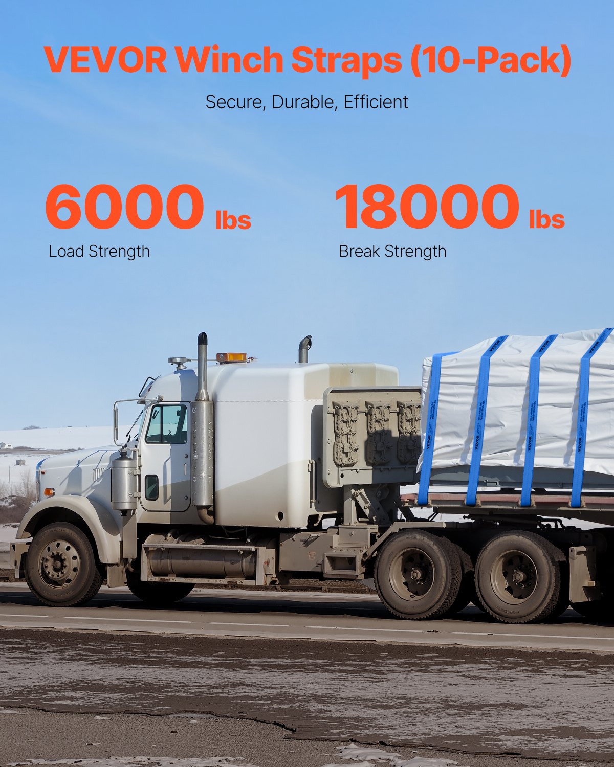 Winch Straps, 4" x 30', 6000 lbs Load Capacity, 18000 lbs Breaking Strength, Truck Straps with Flat Hook, Flatbed Tie Downs Cargo Control for Trailers, Farms, Rescues, Tree Saver, Blue (10 Pack)