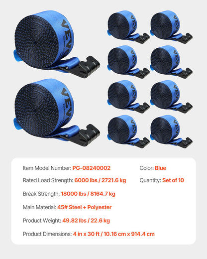 Winch Straps, 4" x 30', 6000 lbs Load Capacity, 18000 lbs Breaking Strength, Truck Straps with Flat Hook, Flatbed Tie Downs Cargo Control for Trailers, Farms, Rescues, Tree Saver, Blue (10 Pack)