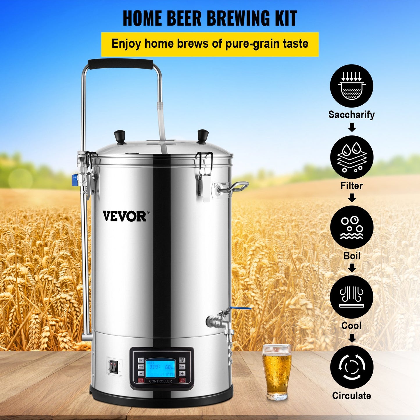 Electric Brewing System, 8 Gal/30 L, All-in-One Home Beer Brewer with Auto/Manual-Mode Panel, Mash Boil Device with 100-2500W Power 25-100℃ Temp 1-180 min Timer Circulating Pump Recipe Memory, 2