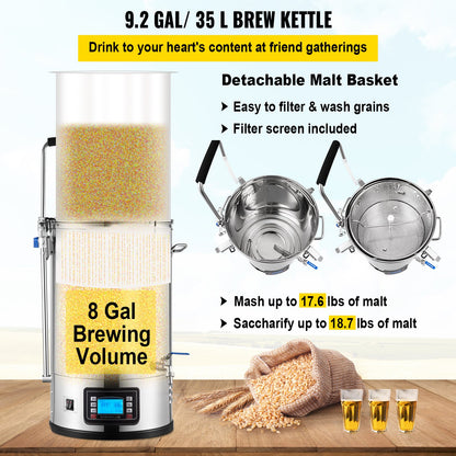 Electric Brewing System, 8 Gal/30 L, All-in-One Home Beer Brewer with Auto/Manual-Mode Panel, Mash Boil Device with 100-2500W Power 25-100℃ Temp 1-180 min Timer Circulating Pump Recipe Memory, 2