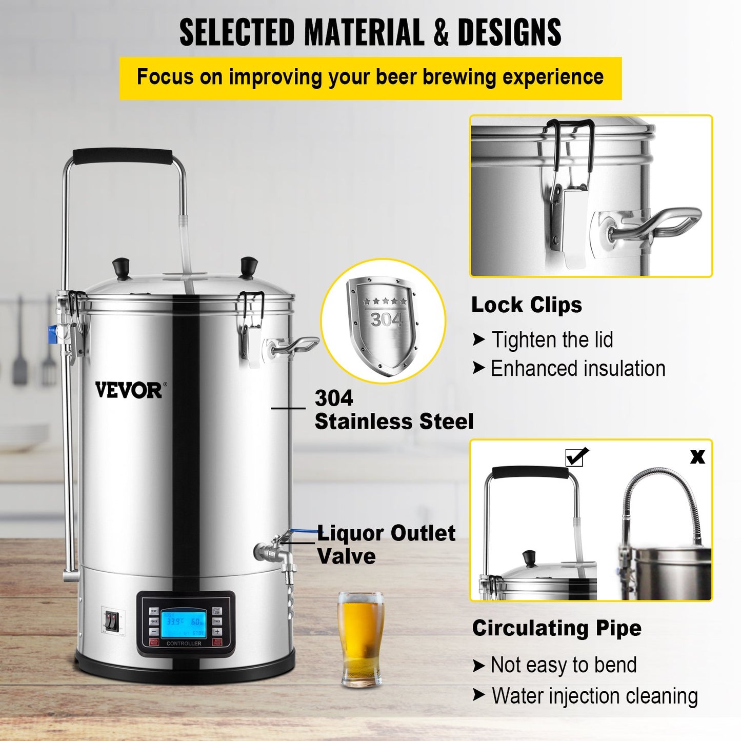Electric Brewing System, 8 Gal/30 L, All-in-One Home Beer Brewer with Auto/Manual-Mode Panel, Mash Boil Device with 100-2500W Power 25-100℃ Temp 1-180 min Timer Circulating Pump Recipe Memory, 2