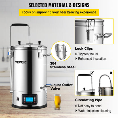 Electric Brewing System, 8 Gal/30 L, All-in-One Home Beer Brewer with Auto/Manual-Mode Panel, Mash Boil Device with 100-2500W Power 25-100℃ Temp 1-180 min Timer Circulating Pump Recipe Memory, 2