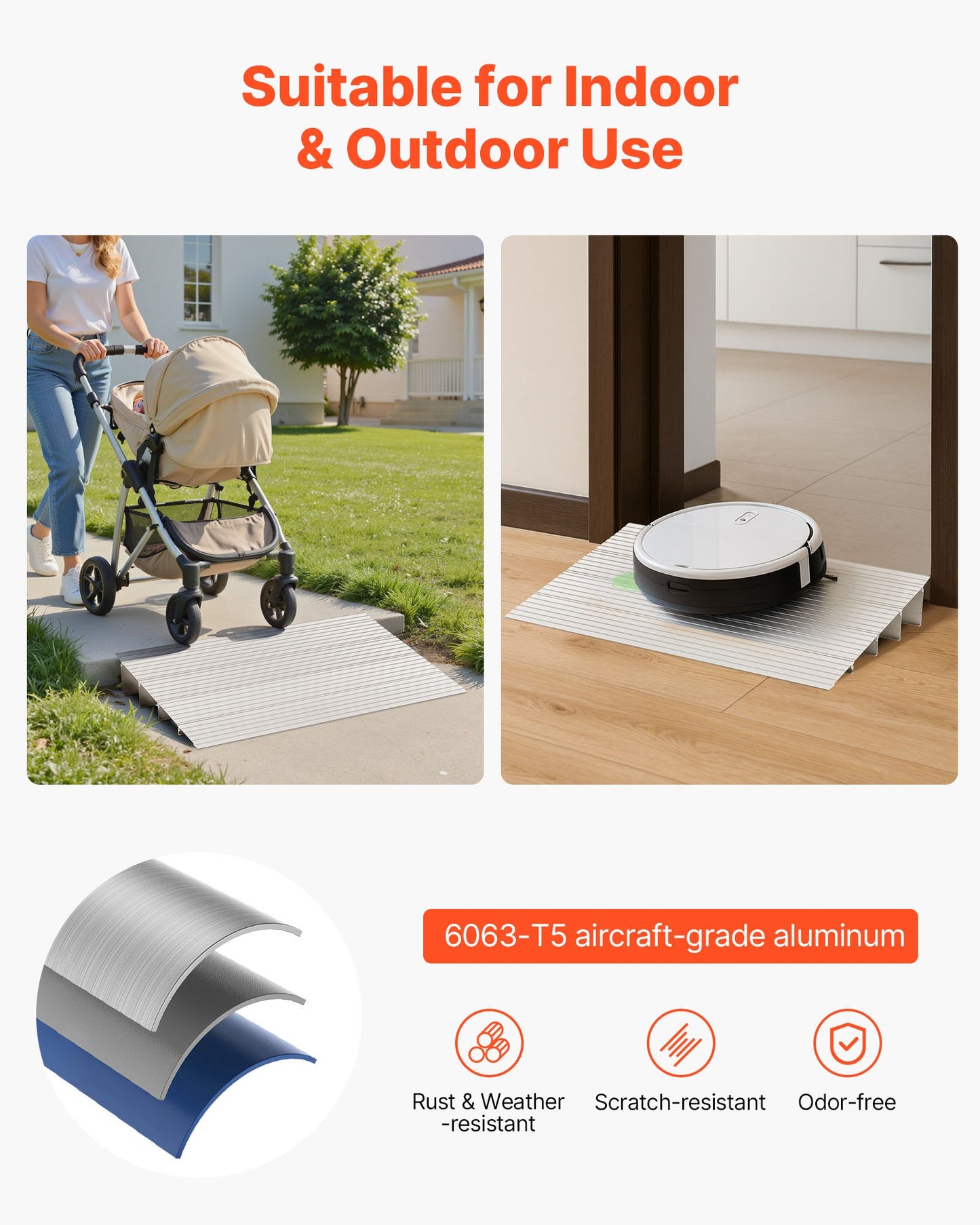 Door Threshold Ramp, 115 mm Rise, Aluminum Alloy Threshold Ramp Rated 363 kg Load Capacity, Handicap Ramps for Home Steps for Wheelchair, Scooters, Power Chairs, Walkers, Bicycle, Tricycle