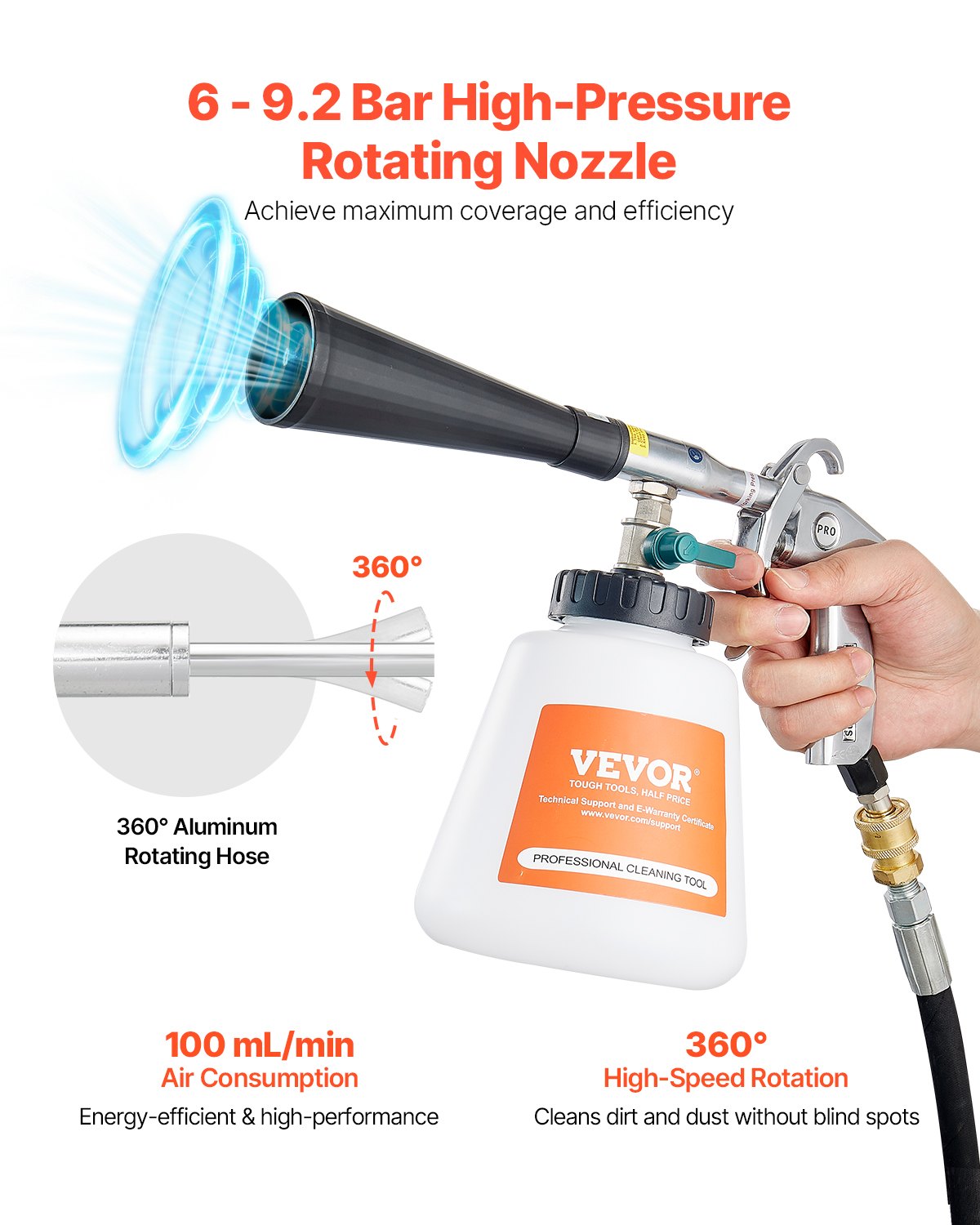 Car Cleaning Gun, 6-9.2 Bar High-Pressure Air Blow Gun with 2 Set Nozzles & 1L Liquid Bottle, Vortex Cleaning Gun, Quickly Blasts Dirt and Dust from Surface, Suitable for 1/4 NPT Air Compressor