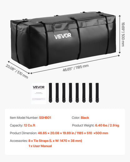 Hitch Cargo Carrier Bag, Waterproof 840D PVC, 46.65 x 20.08 x 19.69 in (12 Cubic Feet), Heavy Duty Cargo Bag for Truck Bed Storage with Reinforced Straps, Suitable for Car SUV Vans Hitch Basket