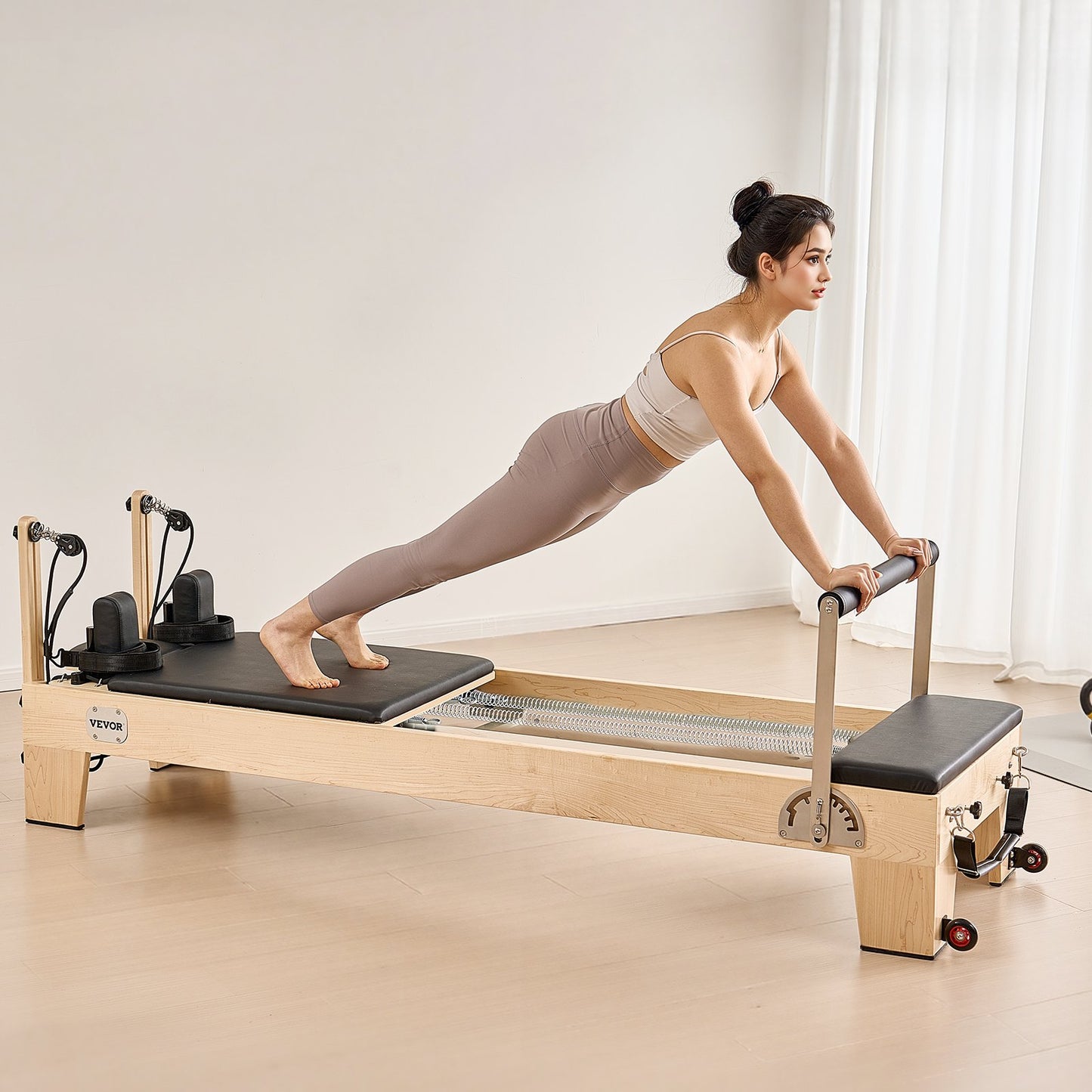 Pilates Reformer Machine, Wooden Pilates Workout Equipment for Home Gym Studio Use, Pilates Bed with Dual Resistance- Spring & Cord, Reformer Set with Sitting Box, Up to 400 LBS