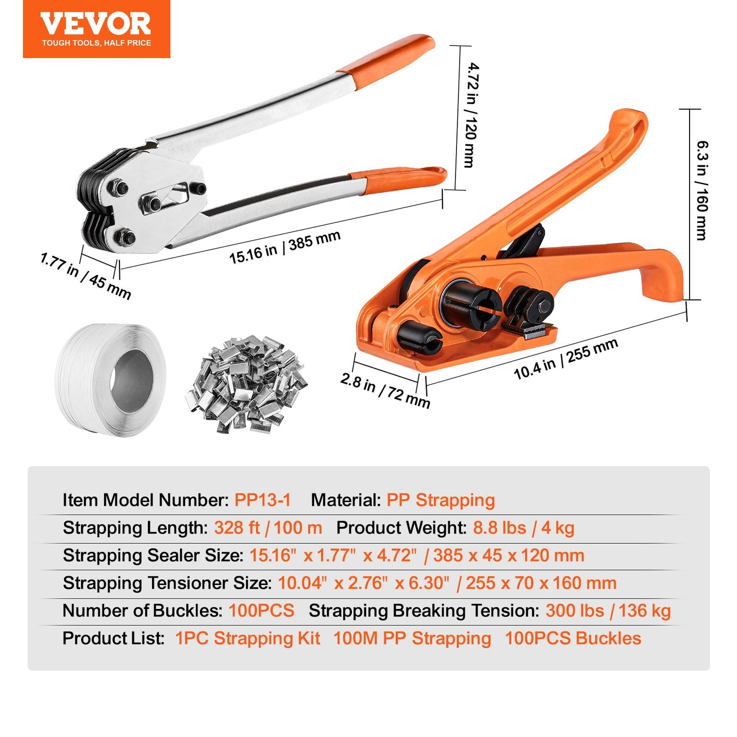 Banding Strapping Kit with Strapping Tensioner Tool, Banding Sealer Tool, 100 m Length PP Band, 100 Metal Seals, Pallet Packaging Strapping Banding Kit, Banding Packaging Strapping for Packing