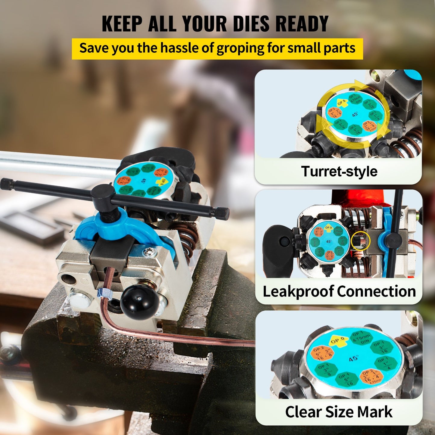 Brake Line Flaring Tool, 45 Degree Single, Double, and Bubble Flares for 3/16\", 1/4\", 5/16\" and 3/8\" Tube Size, Suitable for Soft Metal of Copper Lines