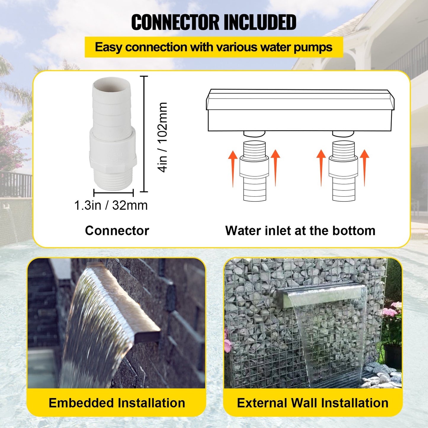 63,6 x 11,3 x 8,6 cm dekorativ vattenfallsfontän i rostfritt stål för trädgårdsdamm inomhus och utomhus