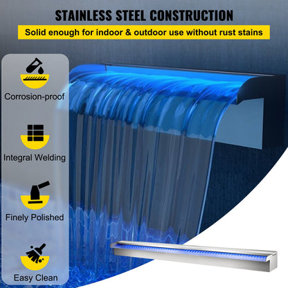 Swimming Pool Waterfall Spillway 151x11.5x8 cm Stainless Steel Swimming Pool Waterfall Fountain with Colorful LED Strip, Hose Connector, Remote Control, Corrosion Resistant for Pond, Outdoor Garden