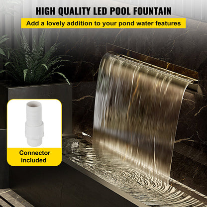 Swimming Pool Waterfall Spillway 30x11.5x8 cm Stainless Steel Swimming Pool Waterfall Fountain with Colorful LED Strip, Hose Connector, Remote Control, Corrosion Resistant for Pond, Outdoor Garden