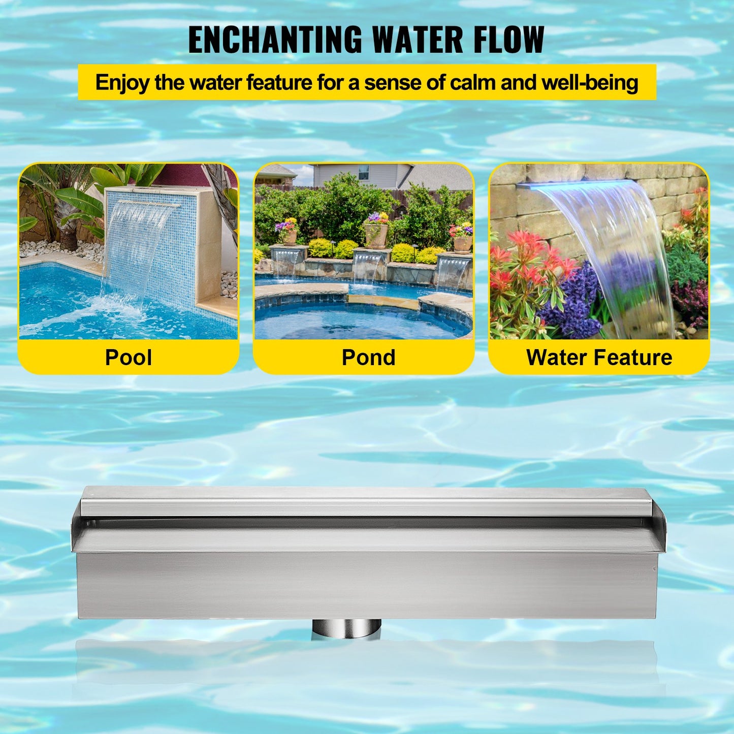 Swimming Pool Waterfall Spillway 30x11.5x8 cm Stainless Steel Swimming Pool Waterfall Fountain with Colorful LED Strip, Hose Connector, Remote Control, Corrosion Resistant for Pond, Outdoor Garden