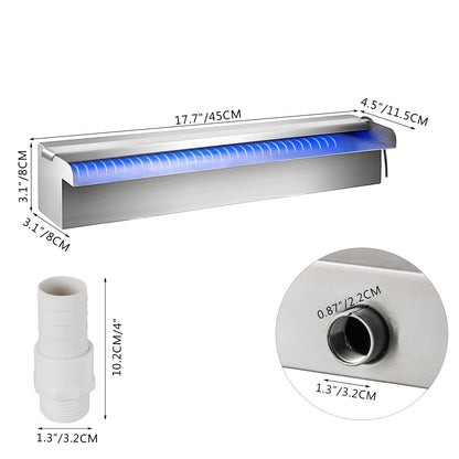 Vattenfallsfontän i rostfritt stål, rektangulär poolfontän med LED-ljusremsa, konstruerad för simdamm i rostfritt stål, vattenfallsblad i kaskad