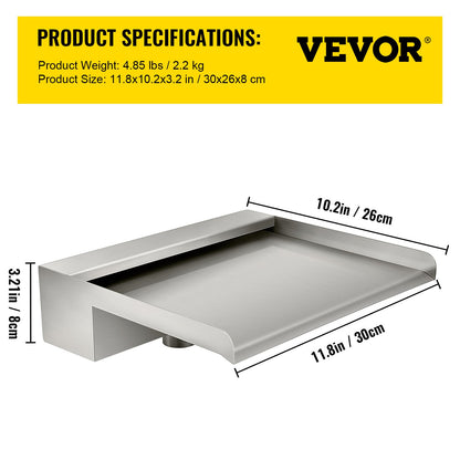 Waterfall Blade, 30cm Stainless Steel Waterfall Spillway, Rectangular Waterfall Pool Fountain, Cascade Blade with Connector, Hose, Clamp & PTFE Tape, Water Blade for Koi Fish Pond, Water Feature