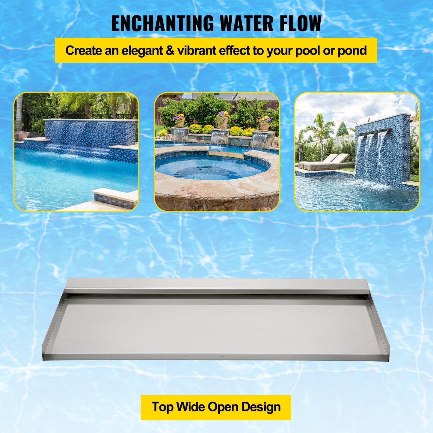 Waterfall Blade, 60cm Stainless Steel Waterfall Spillway, Rectangular Waterfall Pool Fountain, Cascade Blade with Connector, Hose, Clamp & PTFE Tape, Water Blade for Koi Fish Pond, Water Feature