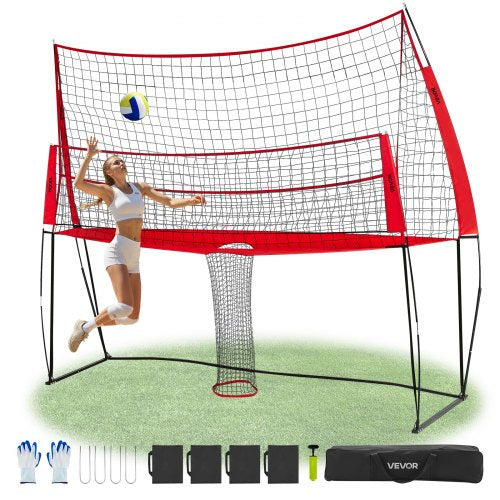 2-in-1 Volleyball Training Net System, Freely Height-Adjustable Practice Equipment with Ball Return, Portable Net Station, Easy Setup for Backyard Indoor Outdoor Serving Spiking Improve Accuracy