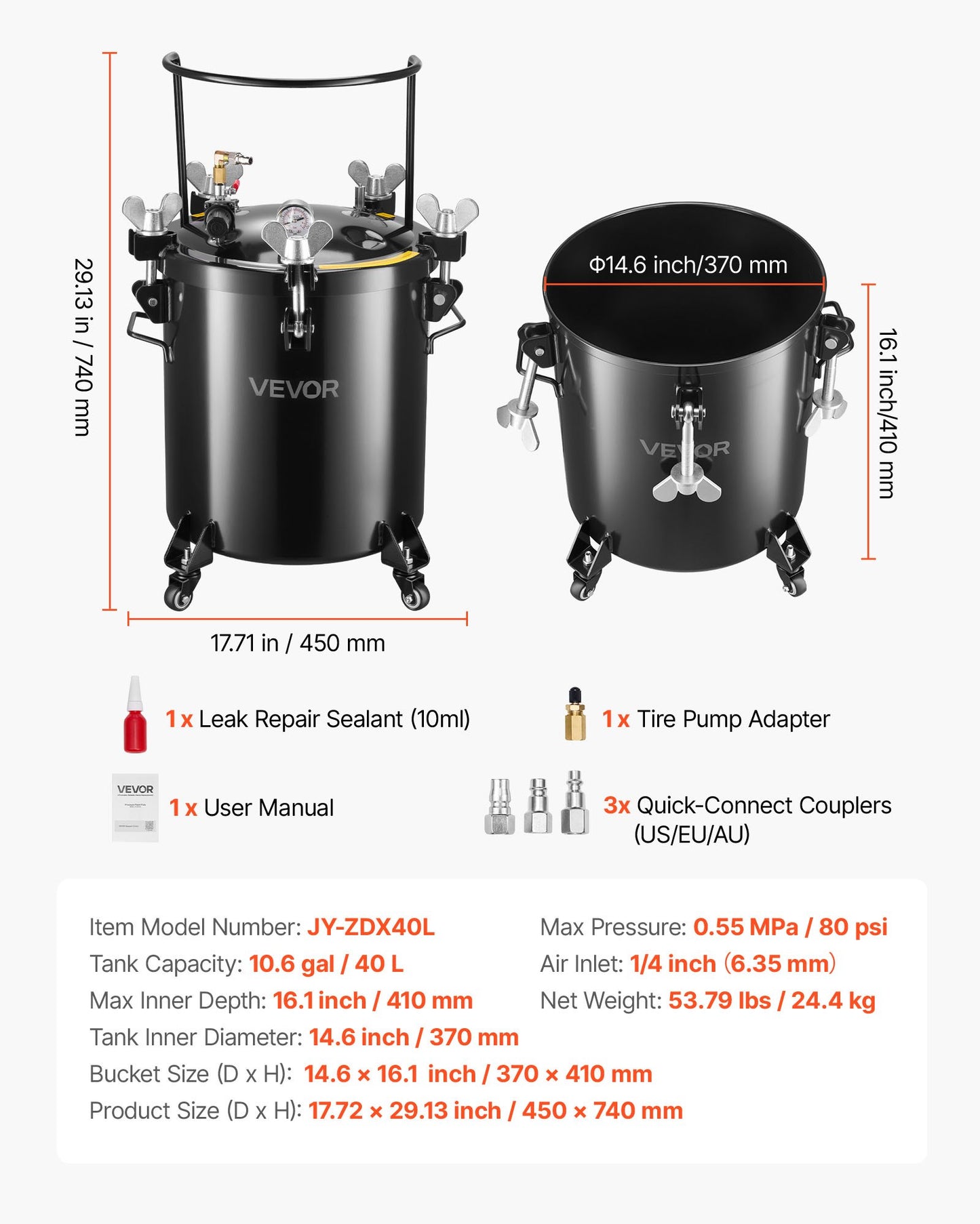 Tryckbehållare för färg, 40 l kraftig tryckbehållare i stål, sprayfärgsbehållare med tre snabbkopplingar för hemmabruk, gör-det-själv, konstskapelser, tankar med stor diameter