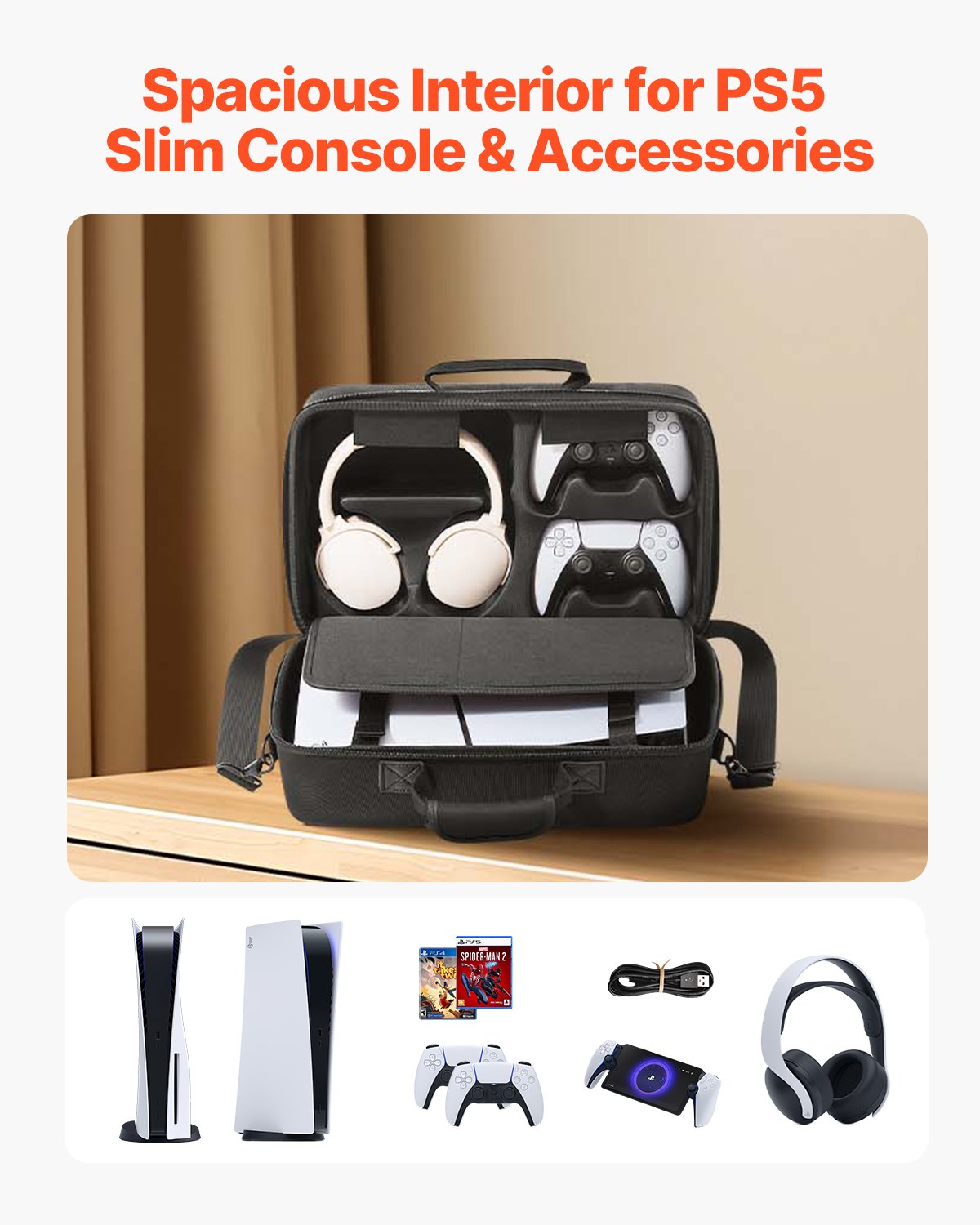 PS5 Carrying Case, Travel Bag for Playstation 5 Slim Shockproof EVA, Soft Interior Lining & Padded Dividers for Extra Protection, Spacious Design with Carry Handle for Storage, Home & Party