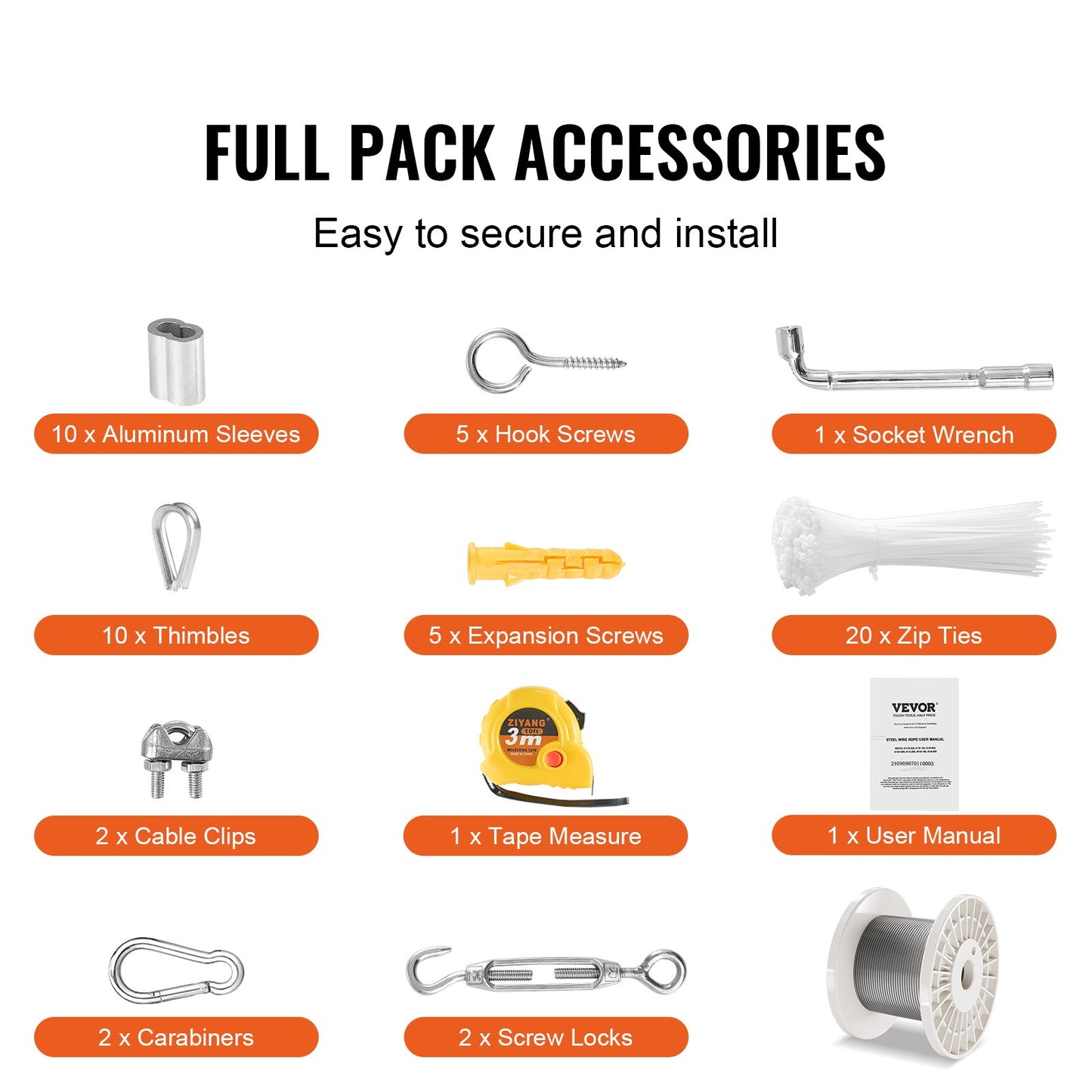 Stålvajersats, 1/8" 100 fot 304 rostfritt stålvajer med 59 tillbehör, 650 lbs brottstyrka, 7x7 ledare, marin flygplanskvalitet, för ledstång, trappstäckning, utomhusbruk