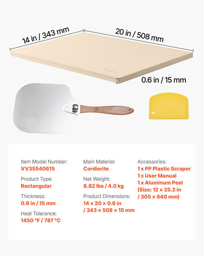 Pizza Stone, 508 x 355 mm Rectangular Cordierite Pizza Stone, Extra Large Baking-Stone with Aluminum Peel, 15 mm Thick Heat-Resistant Cordierite, for Oven, Baking Bread & Pizzas, BBQ Grilling