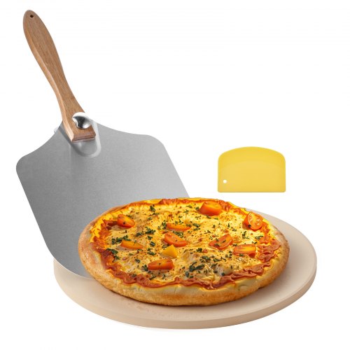 Pizza Stone, 381 mm Round Cordierite Pizza Stone, Extra Large Baking-Stone with Aluminum Peel, 17 mm Thickness Heat-Resistant Cooking Cordierite, for Kitchen Oven, Baking Pizzas, BBQ Grilling