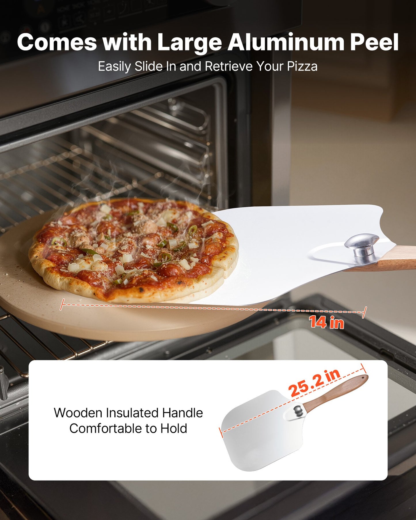 Pizza Stone, 381 mm Round Cordierite Pizza Stone, Extra Large Baking-Stone with Aluminum Peel, 17 mm Thickness Heat-Resistant Cooking Cordierite, for Kitchen Oven, Baking Pizzas, BBQ Grilling