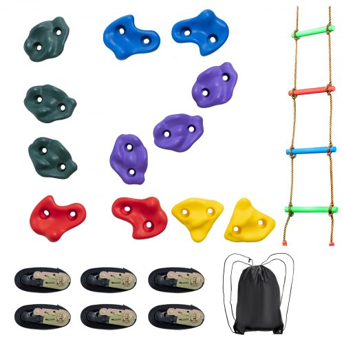 Ninja Tree Climbing Kit, 12 Tree Climbing Holds, 6 Ratchet Straps, and a Climbing Ladder, Climbing Rocks for Kids and Adults Climber, Various Colors and Shapes, for Outdoor Ninja Warrior