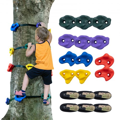 Ninja Tree Climbing Kit, 12 Tree Climbing Holds and 6 Ratchet Straps, Large Climbing Rocks for Kids and Adults Climber, Various Colors and Shapes, for Outdoor Ninja Warrior Obstacle Training