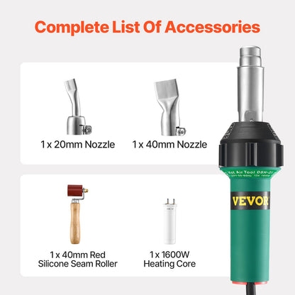 Hot Air Plastic Welder, 1600W Hot Air Torch Pistol, 122-1112℉ PVC TPO Vinyl Heat Gun Welding Torch, Plastic Welding Roofing Kit with 4 Accessories - 2 Nozzles & 1 Seam Roller for PP/PE/PVC Sheet