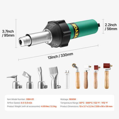 Hot Air Plastic Welder, 1600W Hot Air Torch Pistol, 122-1112℉ PVC TPO Vinyl Heat Gun Welding Torch, Plastic Roofing Welding Kit with 9 Accessories- 4 Nozzles & 4 Seam Rollers for PP/PE/PVC Sheet