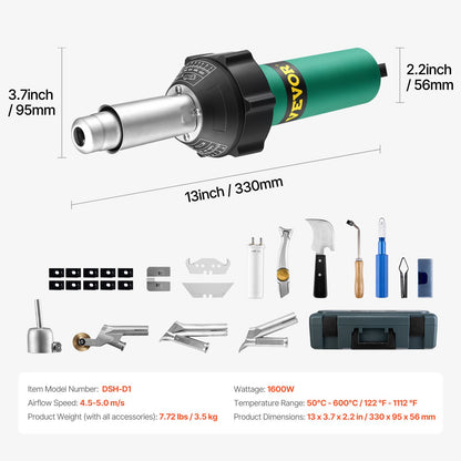 Varmluftssvets för plast, 1600W varmluftspistol, 122-1112℉ PVC TPO vinylvärmepistol svetsbrännare, svetssats för plasttak med 14 tillbehör - verktygslåda, munstycke, rulle, blad för PP/PE/PVC