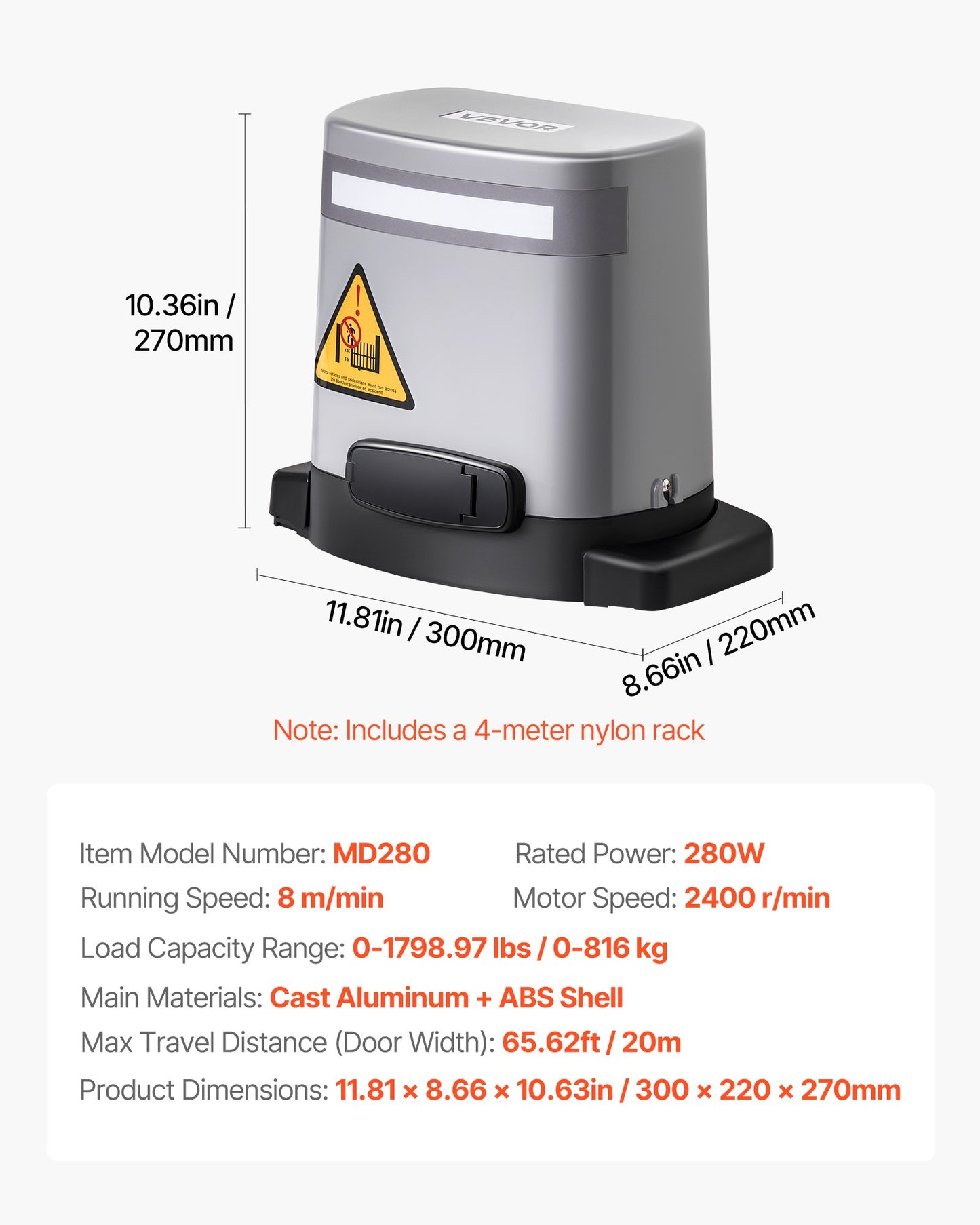Solar Sliding Gate Opener, 280W Electric Gate Opener for Doors up to 20m 816kg, Gear Track Rolling Fence Door Motor with Infrared Sensor & 2 Remote Controls, Driveway Gates Opening System