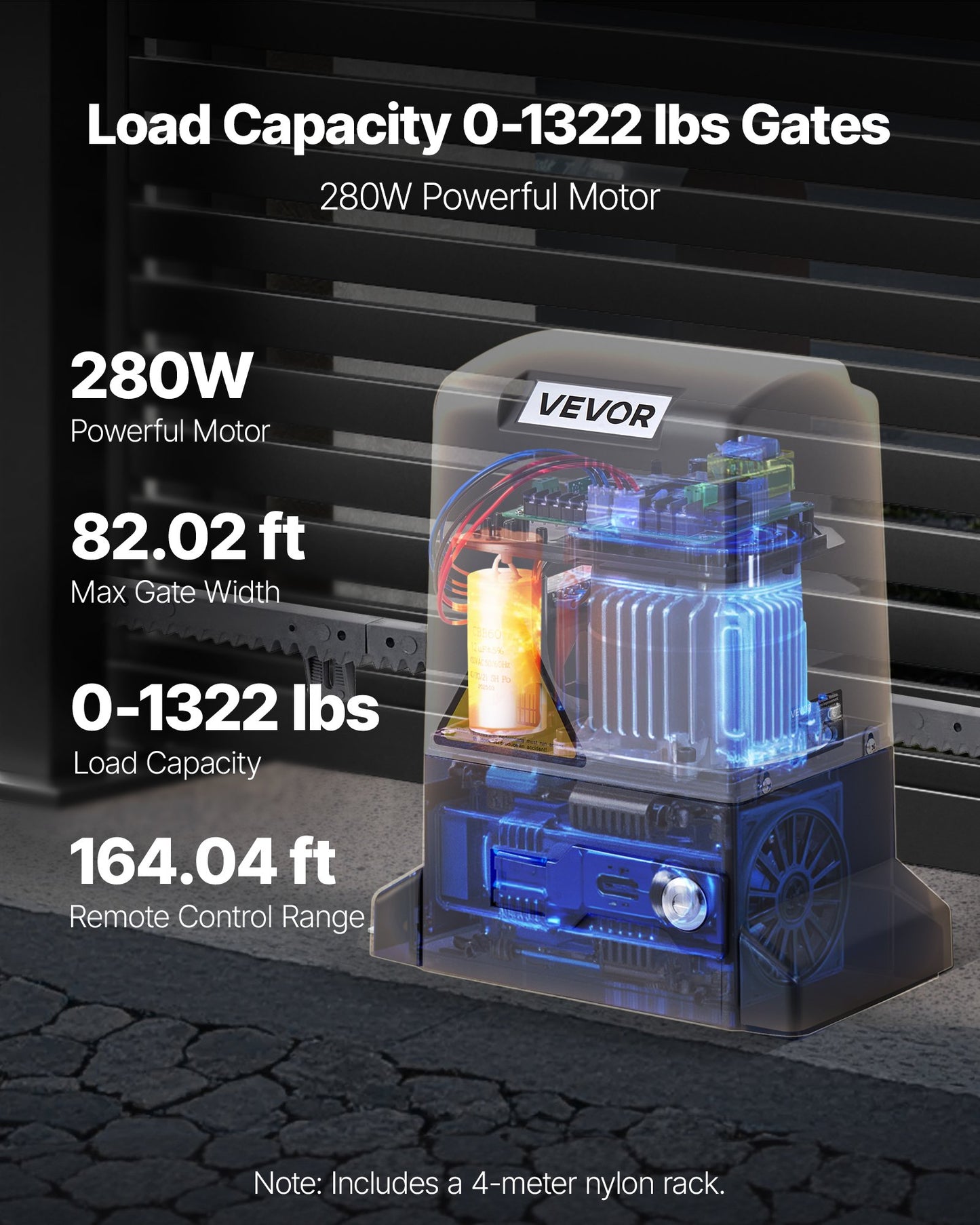 Automatic Gate Opener, 280W Electric Sliding Gate Opener for Doors up to 25m 816kg, Nylon Gear Rack Rolling Door Motor with Infrared Sensor & 2 Remote Controls, Driveway Gates Opening System