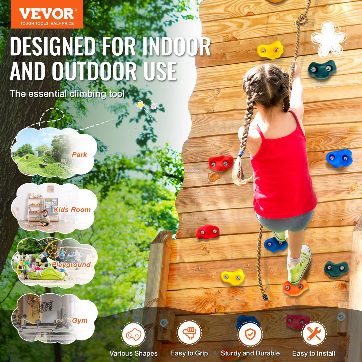 25 Rock Climbing Holds, Multi-Size and Colored Climbing Rocks for Kids and Adults, Rock Wall Holds with Knotted Rope, Handles and Mounting Hardware, Climbing Wall Grips for Indoor and Outdoor