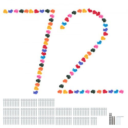 72 klättergrepp, klätterstenar i flera storlekar och färger för barn och vuxna, klätterväggsgrepp med monteringsdetaljer, klätterväggsgrepp för inomhus- och utomhuslekplatser