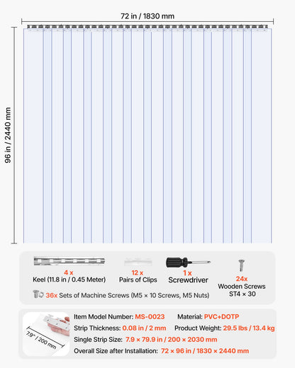 Clear PVC Strip Curtain, 2.4 m Height x 1.8 m Width x 2 mm Thickness, 12 PCS Walk in Freezer Cooler Curtain Strips, Smooth Waterproof Plastic Door Strips for Warehouse, Freezer, Garage Doors