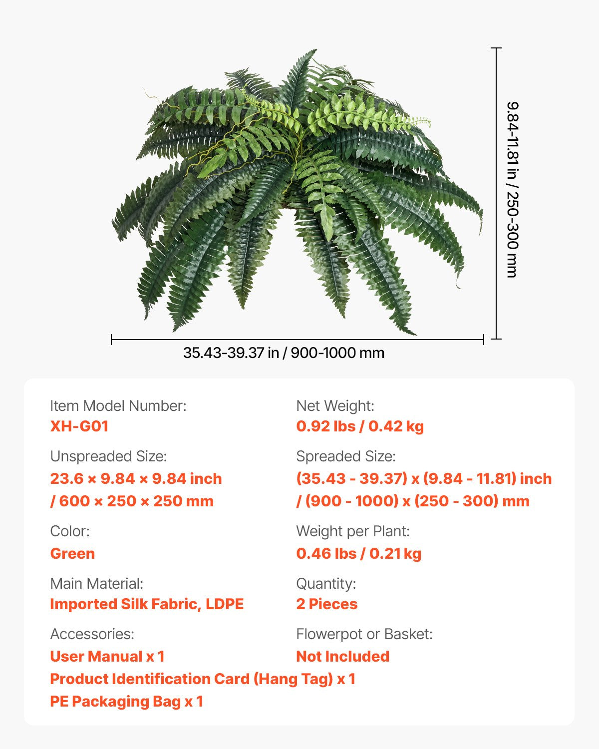 Artificial Ferns 2 Pcs, Natural Spread Diameter 35-39 Inch, Large Hanging Artificial Boston Ferns, Fake Plant Wall Decor with 35 Branches, Faux Fern for Home and Office (Flowerpot Unincluded)