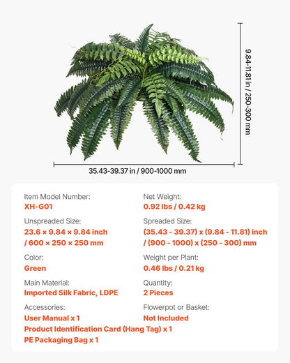 Artificial Ferns 2 Pcs, Natural Spread Diameter 35-39 Inch, Large Hanging Artificial Boston Ferns, Fake Plant Wall Decor with 35 Branches, Faux Fern for Home and Office (Flowerpot Unincluded)