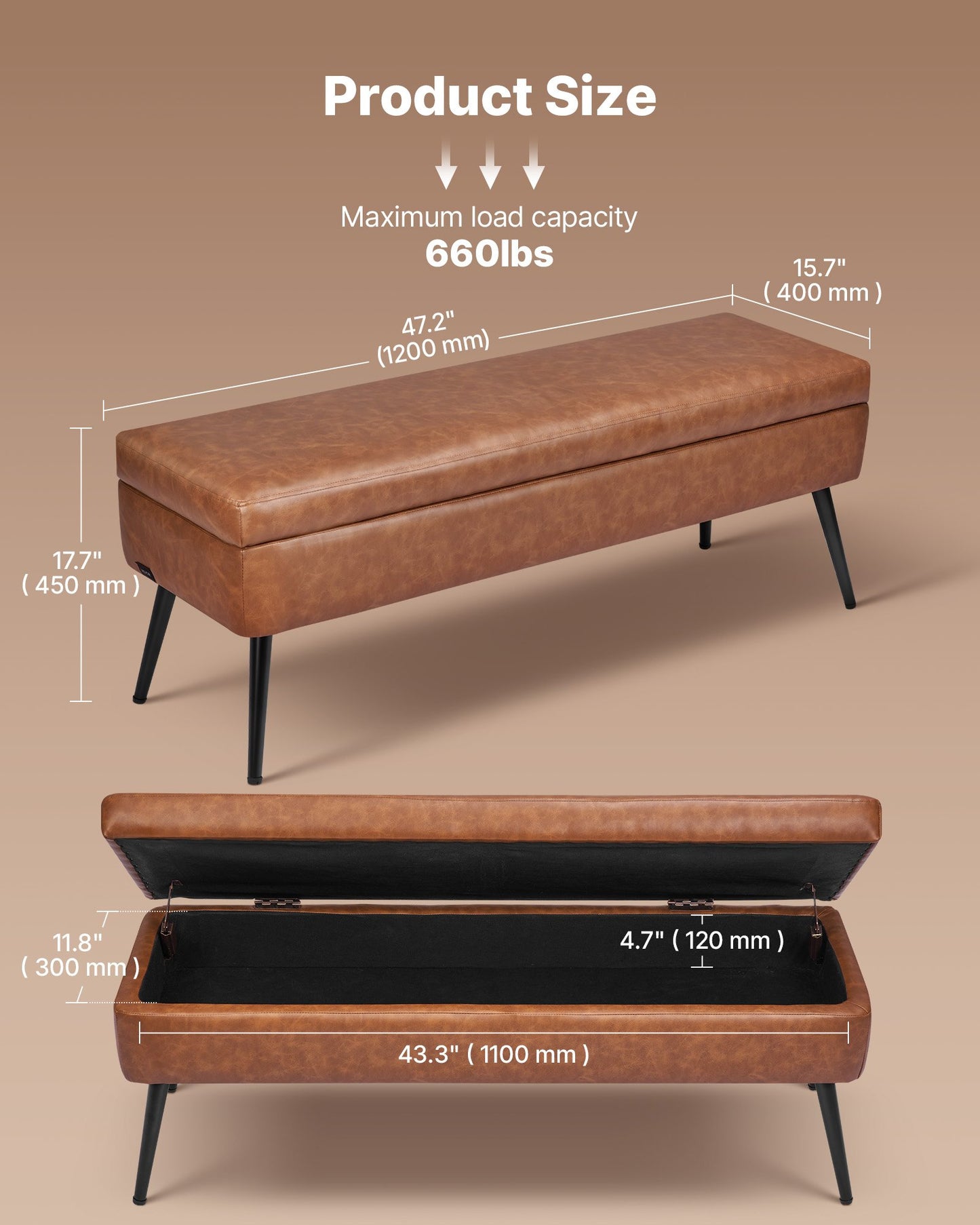 Leather Storage Ottoman Bench, PU Leather Bench with Storage and Metal Legs, Modern Shoe Benches Seat for Entryway, Upholstered End of Bed Benches for Living Room, Dining Room, Hallway, Brown